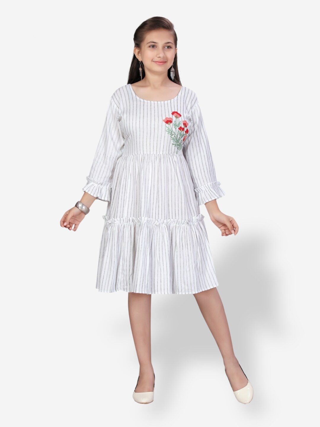 

Aarika Girls Striped Bell Sleeves Embroidered Cotton Dress, Grey