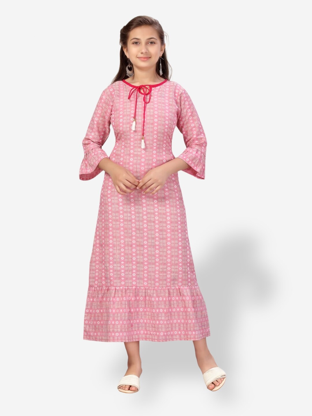 

Aarika Girls Checked Tie-Up Neck A-Line Midi Cotton Dress, Pink