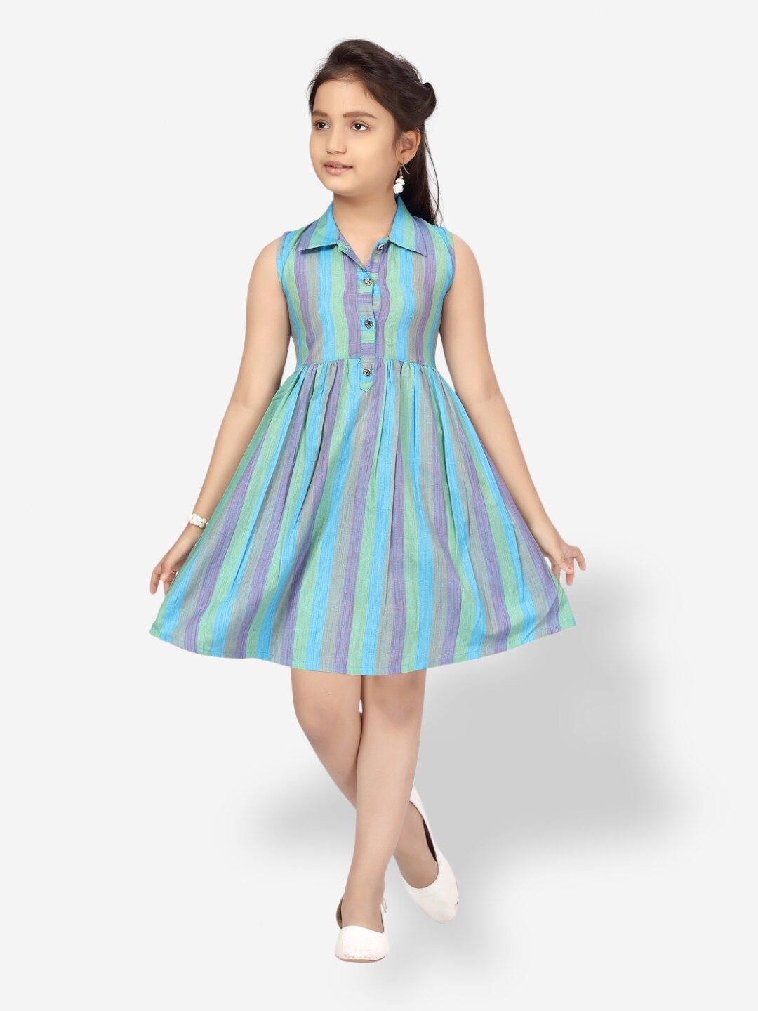 

Aarika Girls Striped Shirt Collar Cotton Dress, Blue