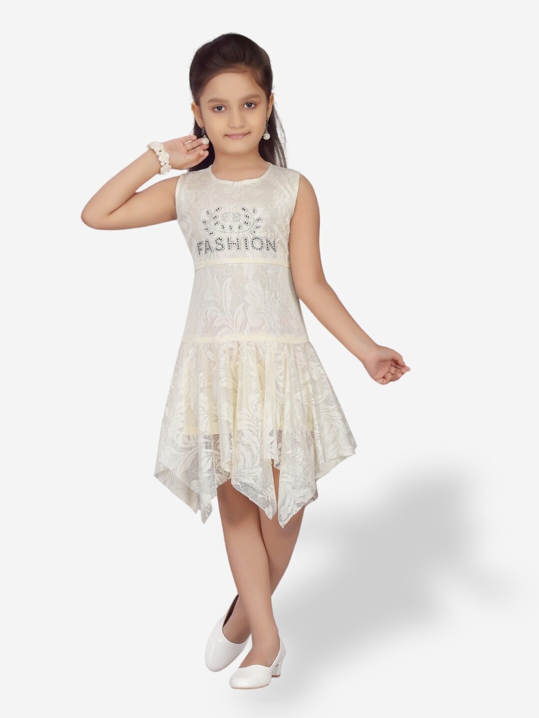 

Aarika Girls Self Design Net Fit and Flare Dress, Cream