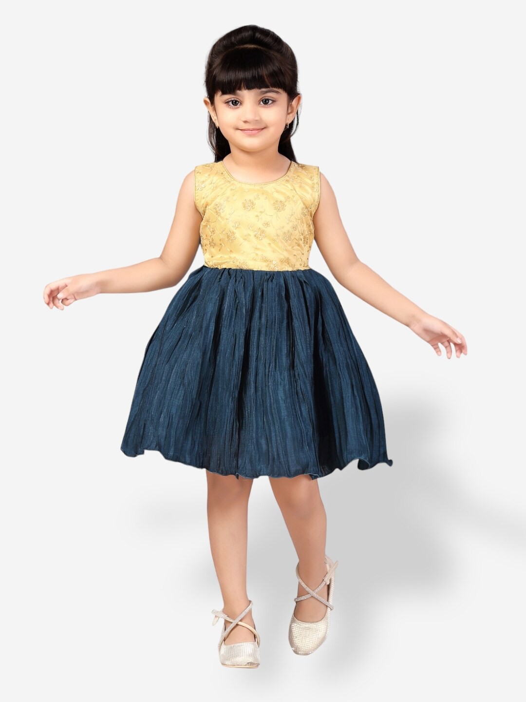

Aarika Girls Embroidered Fit & Flare Silk Dress, Gold