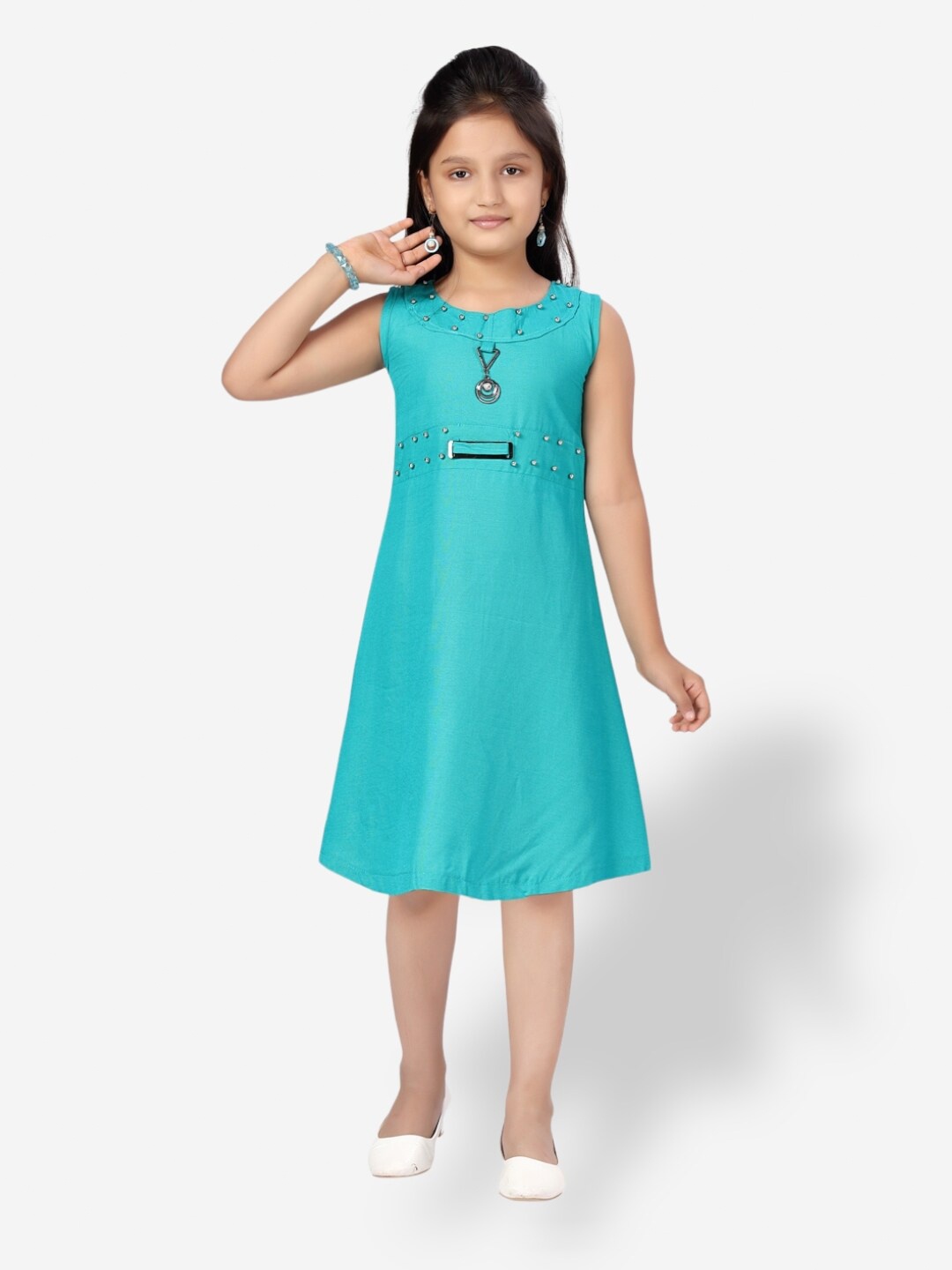 

Aarika Girls Sleeveless Embellished Cotton A-Line Dress, Turquoise blue