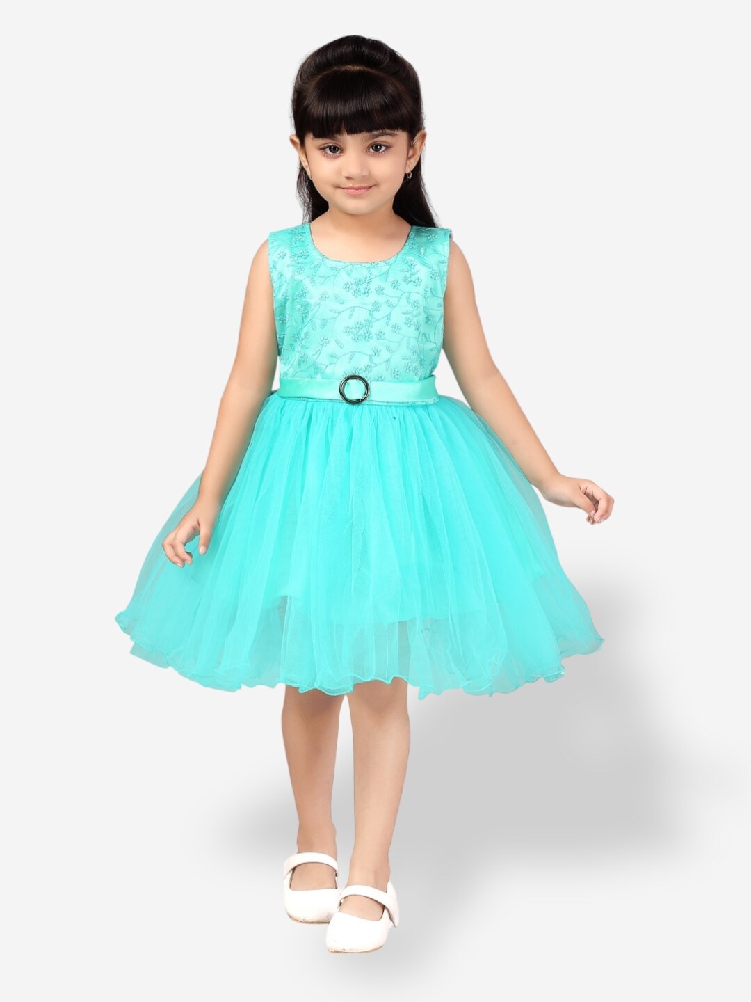

Aarika Girls Net Flared Dress, Turquoise blue