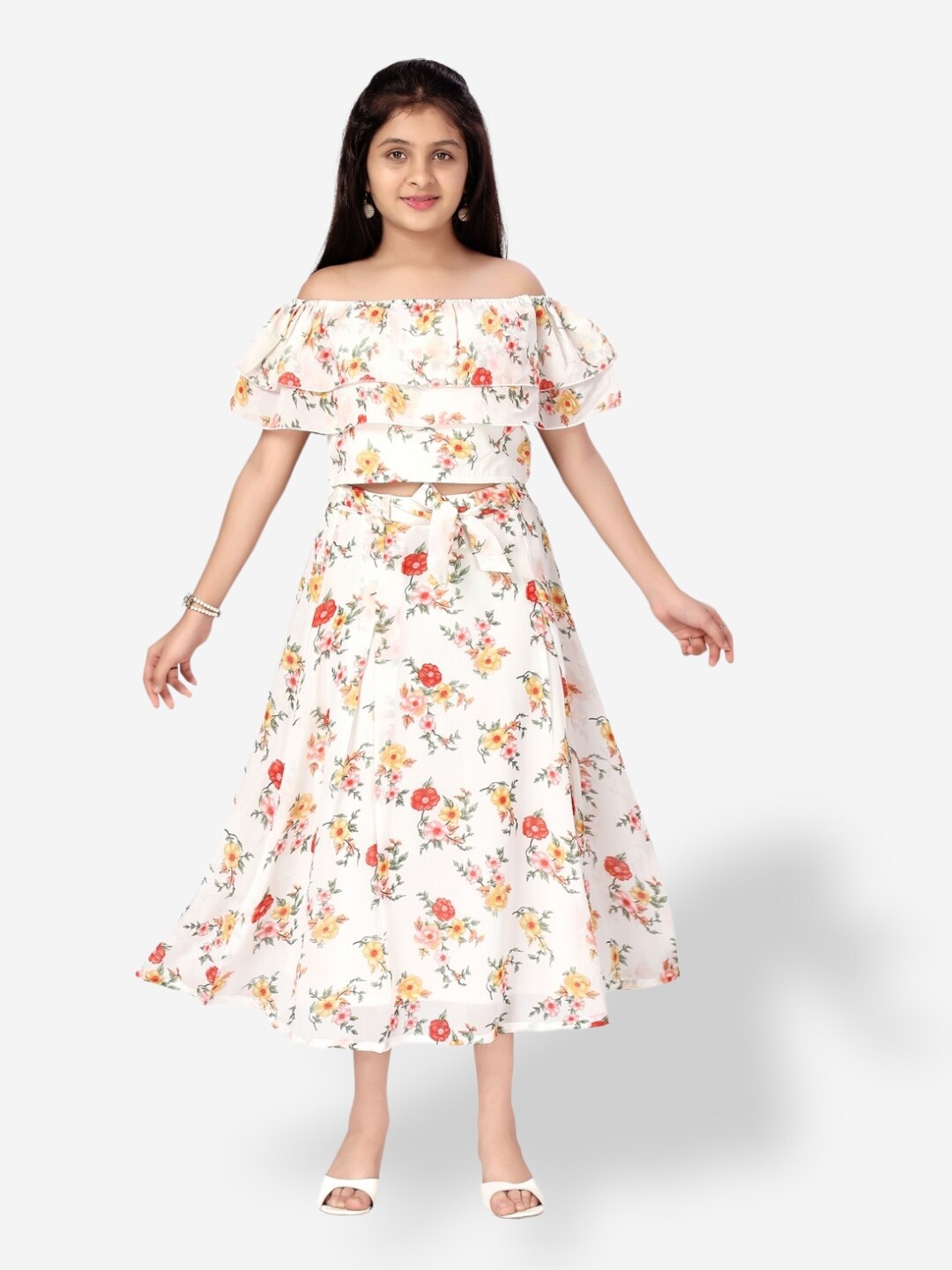 

Aarika Off-Shoulder Floral Printed Georgette Top and Skirt, Cream