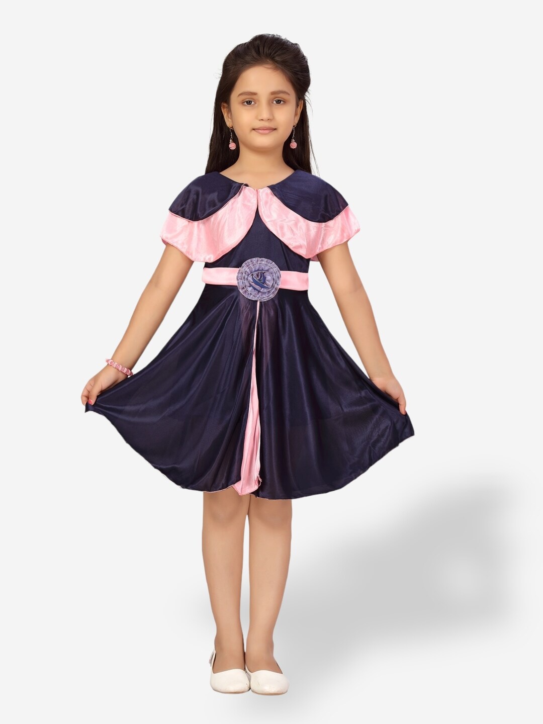 

Aarika Girls Round Neck Flared Sleeves Fit and Flare Dress, Blue