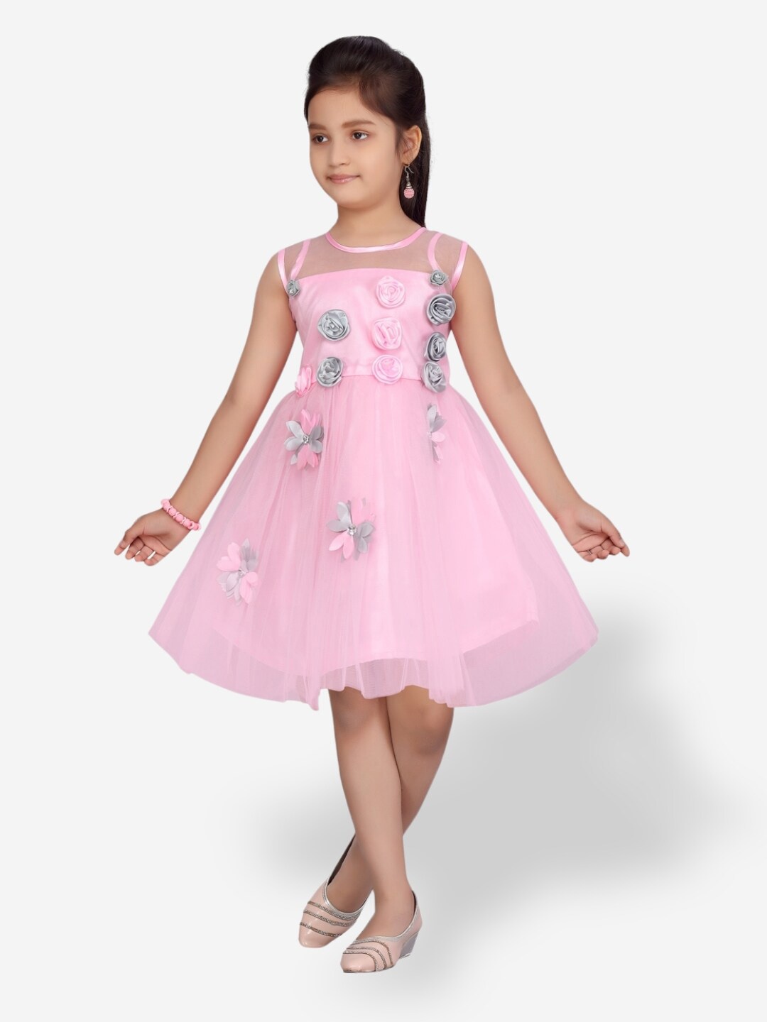 

Aarika Girls Floral Embellished Sleeveless Fit & Flare Net Dress, Pink