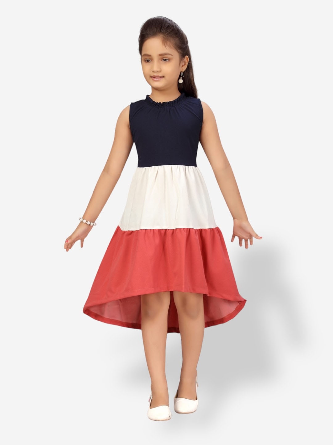 

Aarika Girls Colourblocked Sleeveless Cotton Fit & Flare Dress, Navy blue