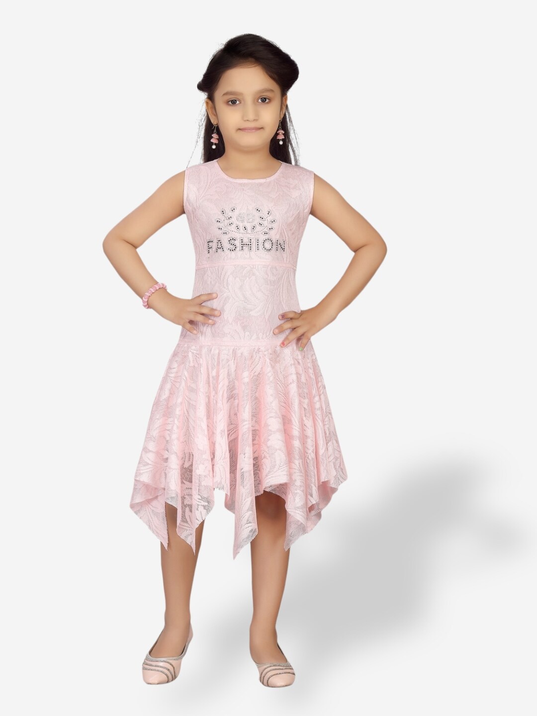 

Aarika Girls Self Design Net Midi Dress, Pink