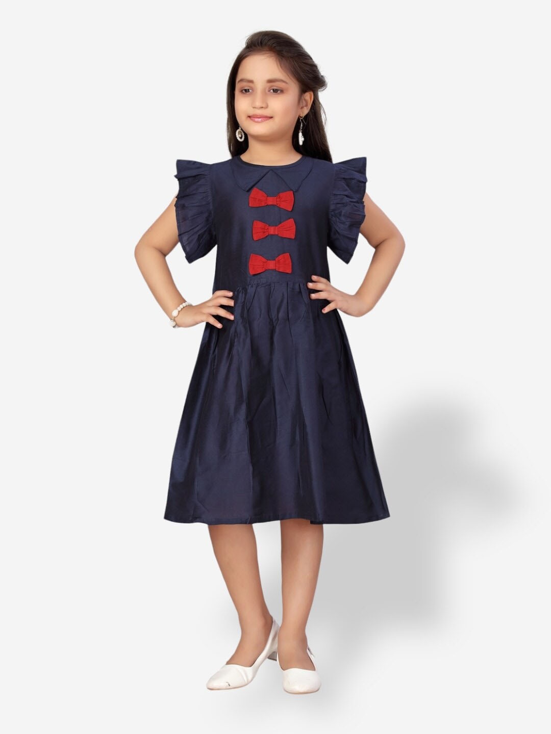 

Aarika Flutter Sleeves Bow Fit & Flare Midi Cotton Dress, Navy blue