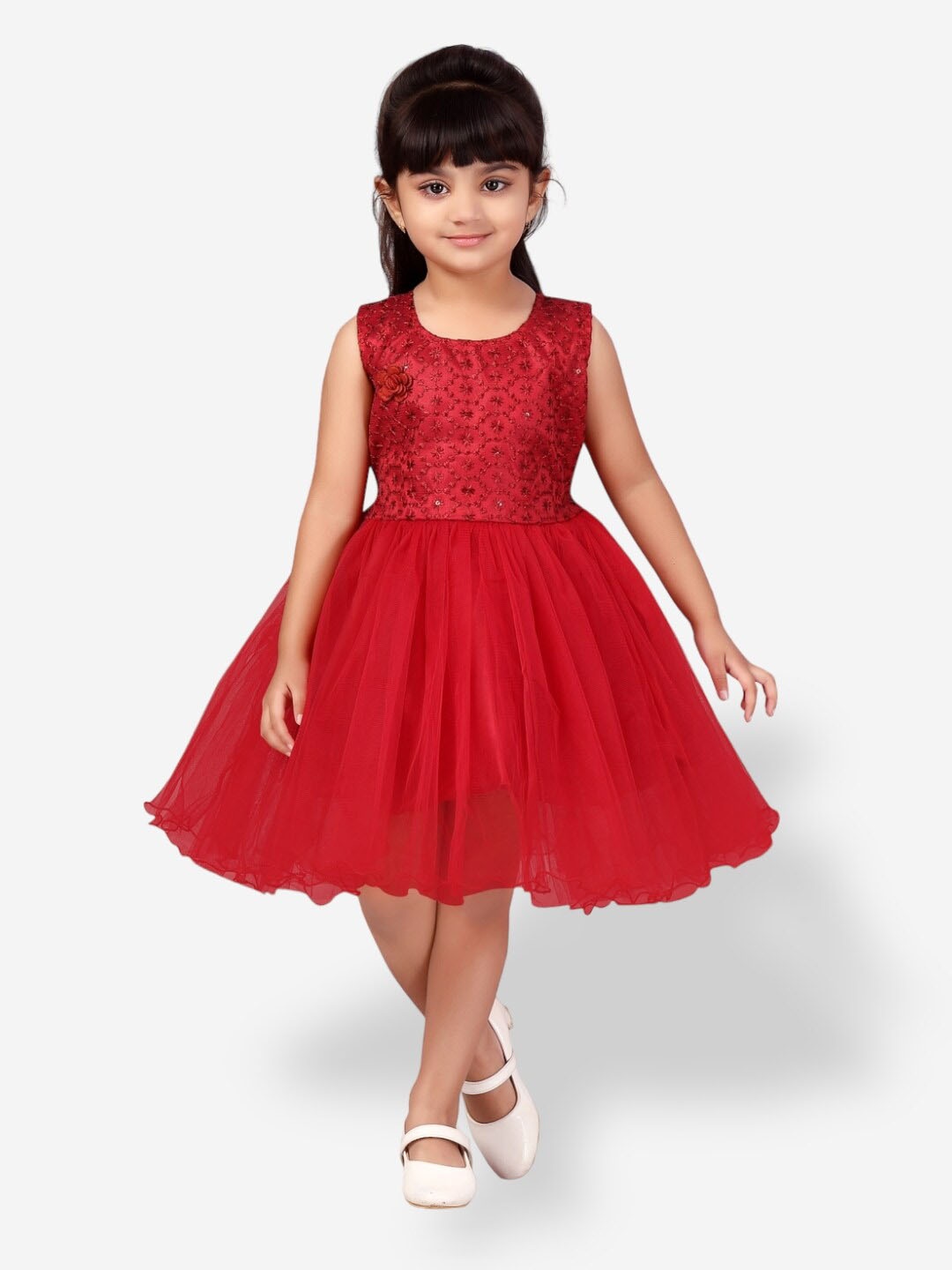 

Aarika Embroidered Fit & Flare Net Dress, Red