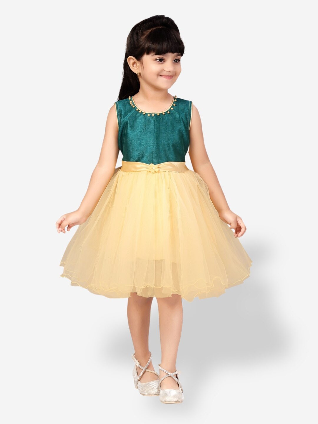 

Aarika Girls Round Neck Net Dress, Green