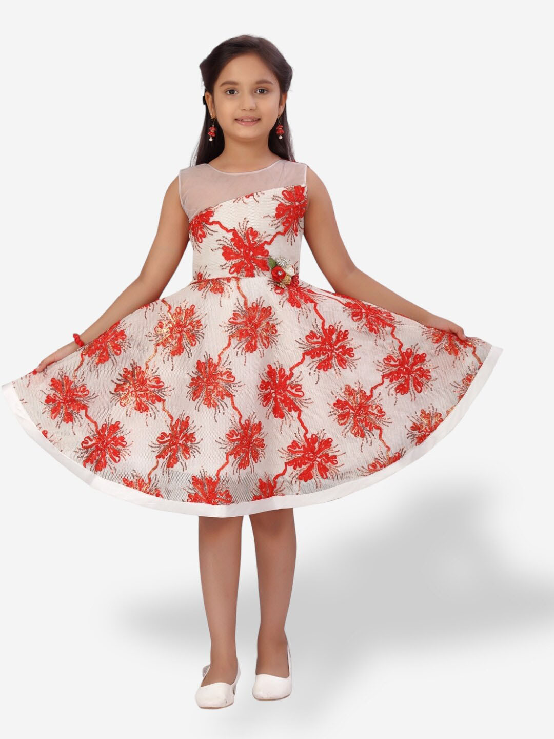 

Aarika Floral Embroidered Sequined Dress, White