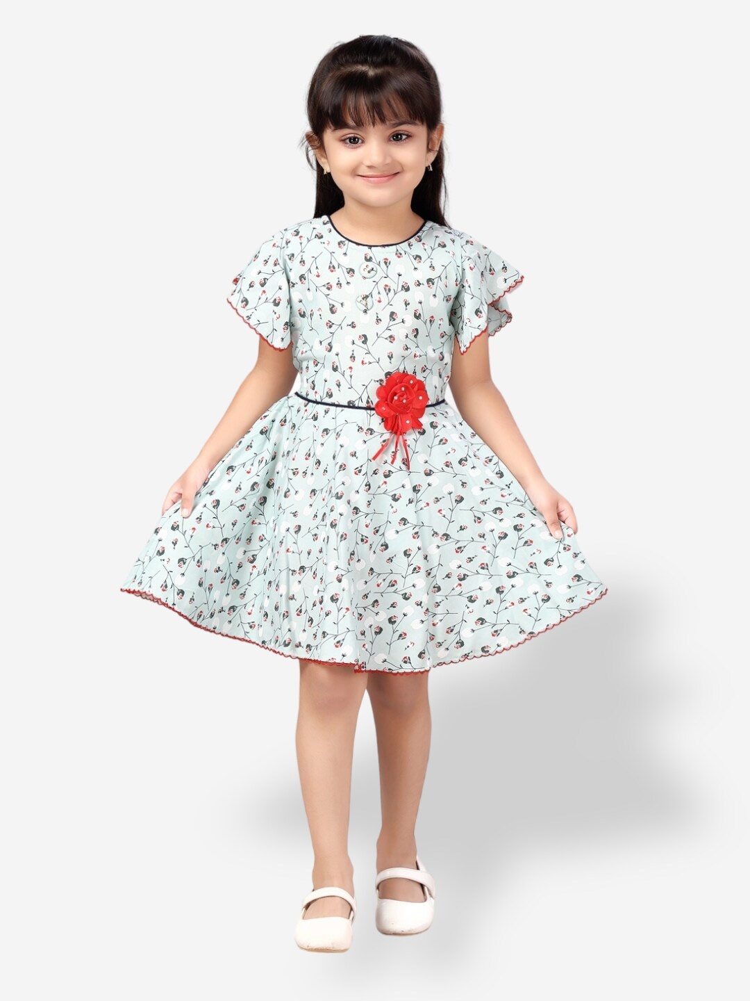 

Aarika Girls Floral Printed Bell sleeves Fit and Flare Dress, Turquoise blue