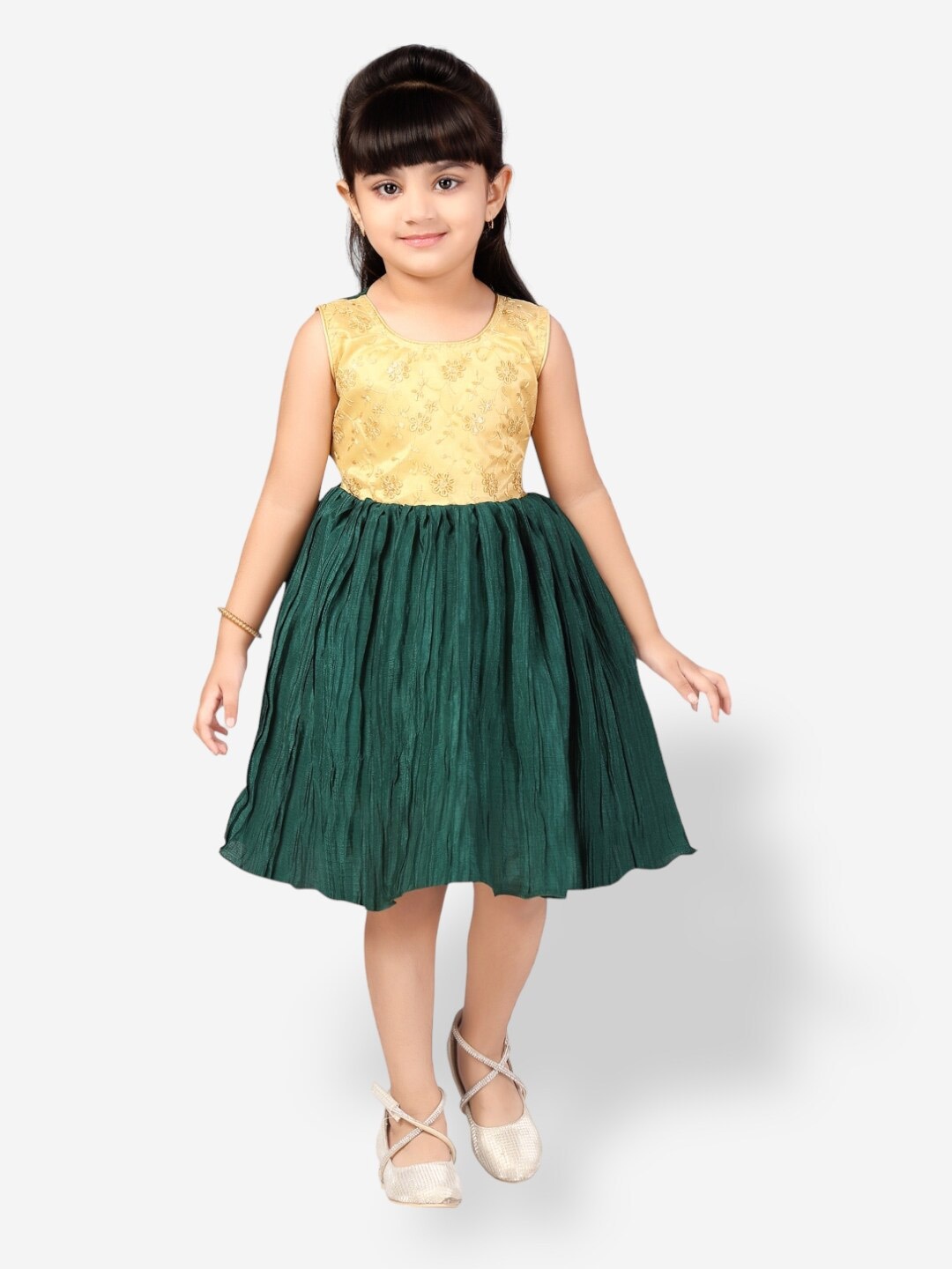 

Aarika Girls Floral Embroidered Silk Dress, Green