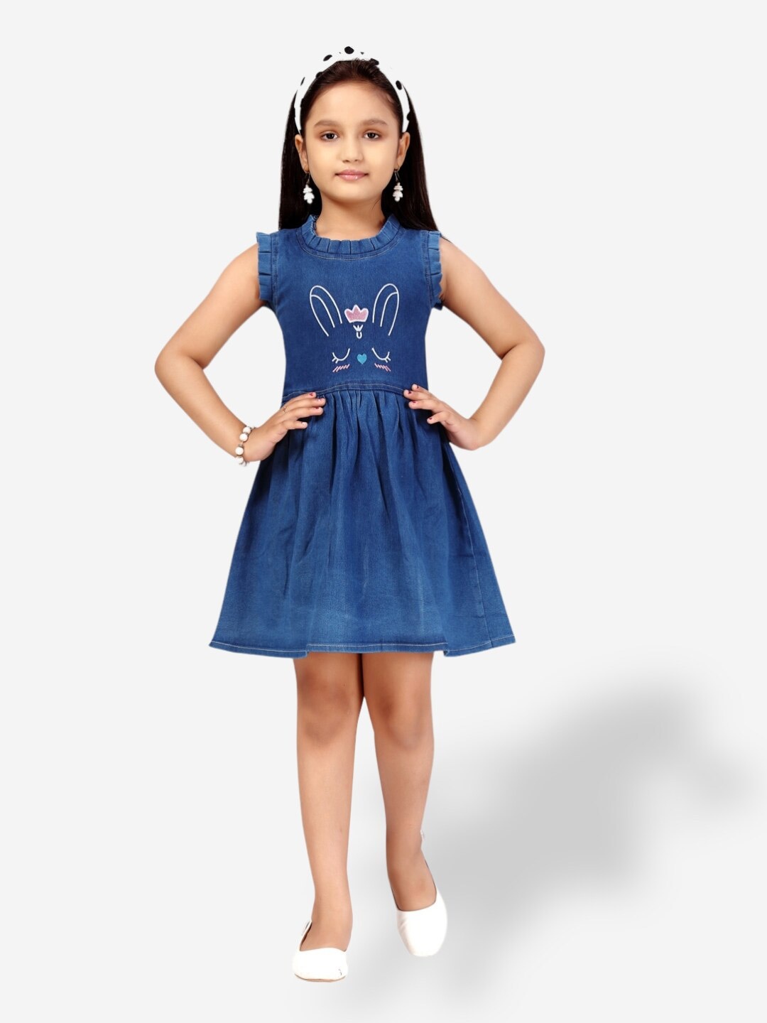 

Aarika Girls Printed Denim Cotton Dress, Blue