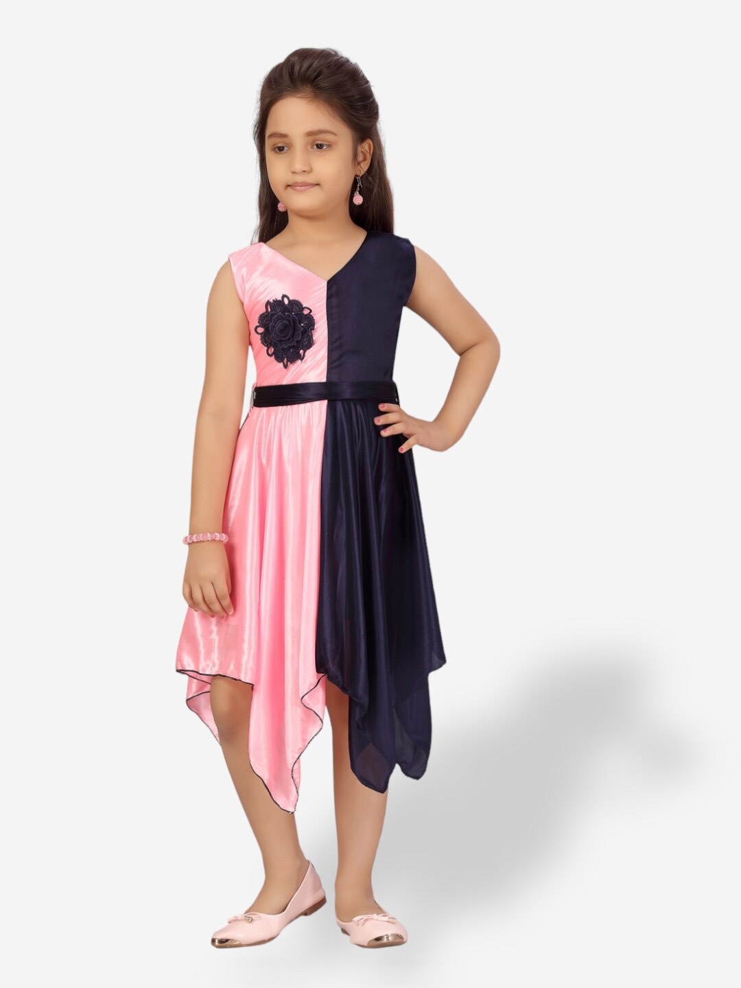 

Aarika Girls Colourblocked Bow Detail Asymmetric Maxi Silk Fit & Flare Dress, Pink