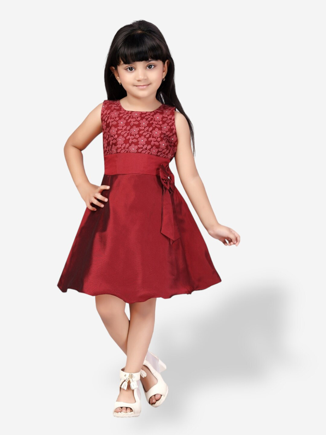 

Aarika Girls Floral Embroiderd Net Dress, Maroon