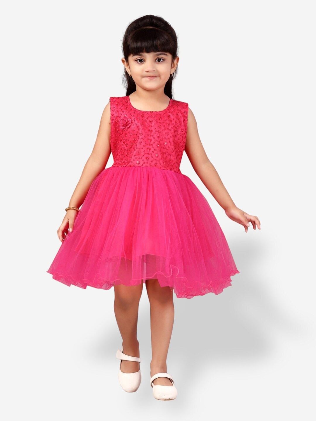 

Aarika Girls Floral Embroidered Net Fit And Flare Dress, Pink