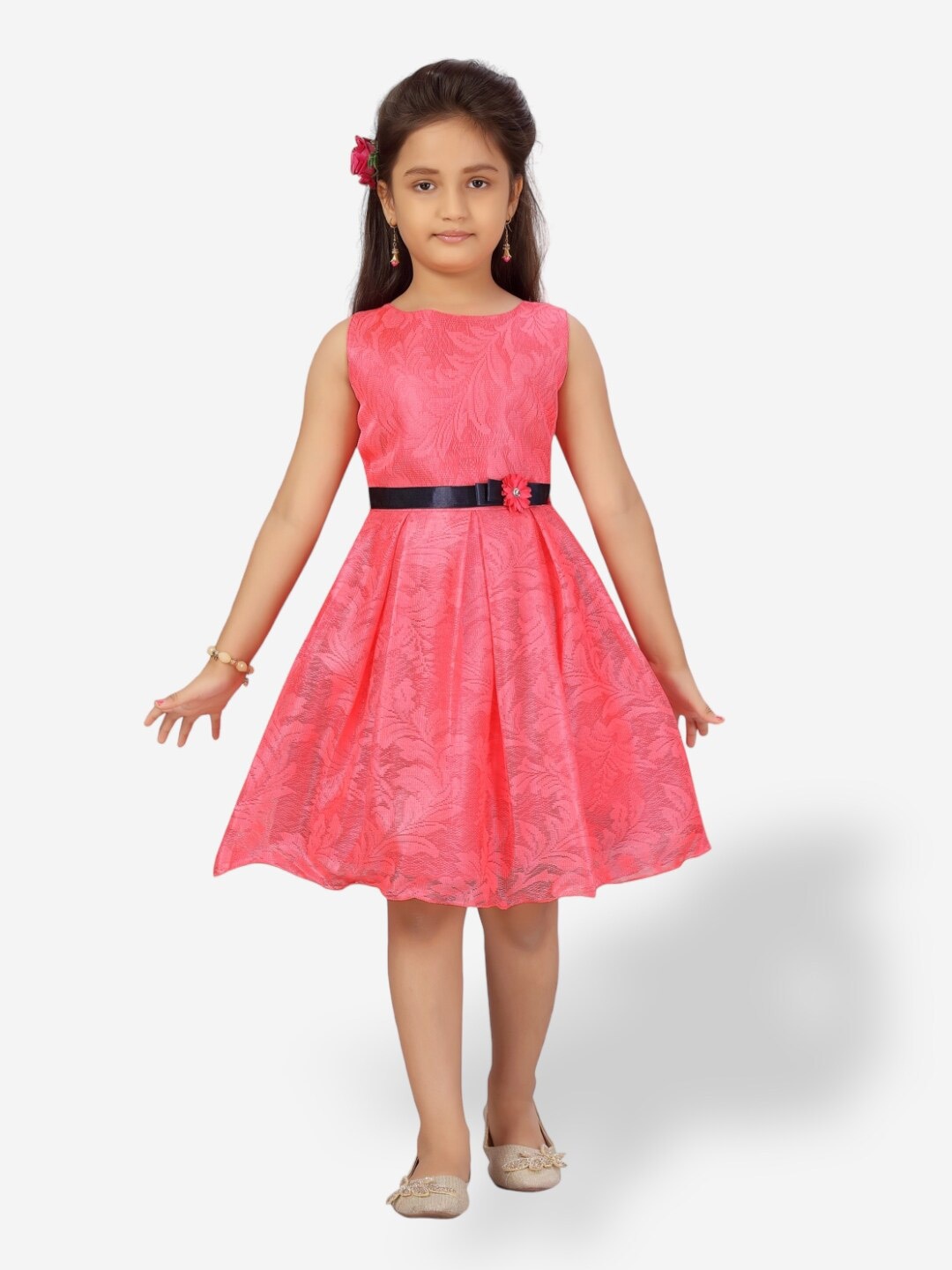 

Aarika Girls Floral Sleeveless Belted Flared Net Dress, Pink
