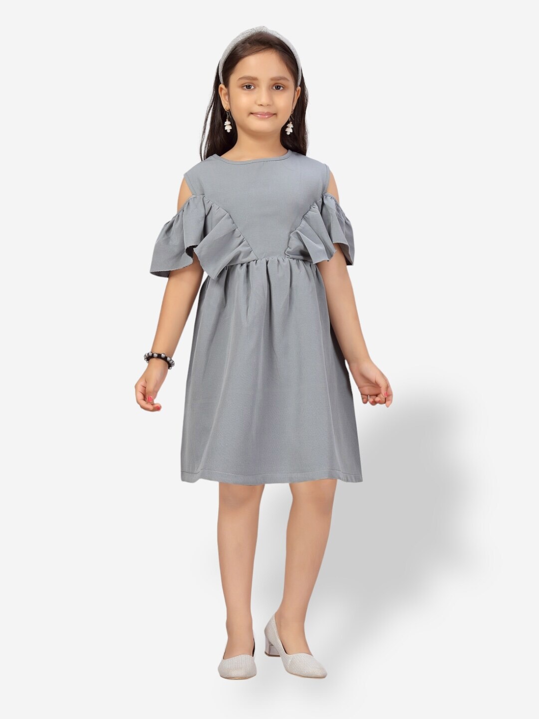 

Aarika Cold-Shoulder Sleeves Fit and Flare Dress, Grey