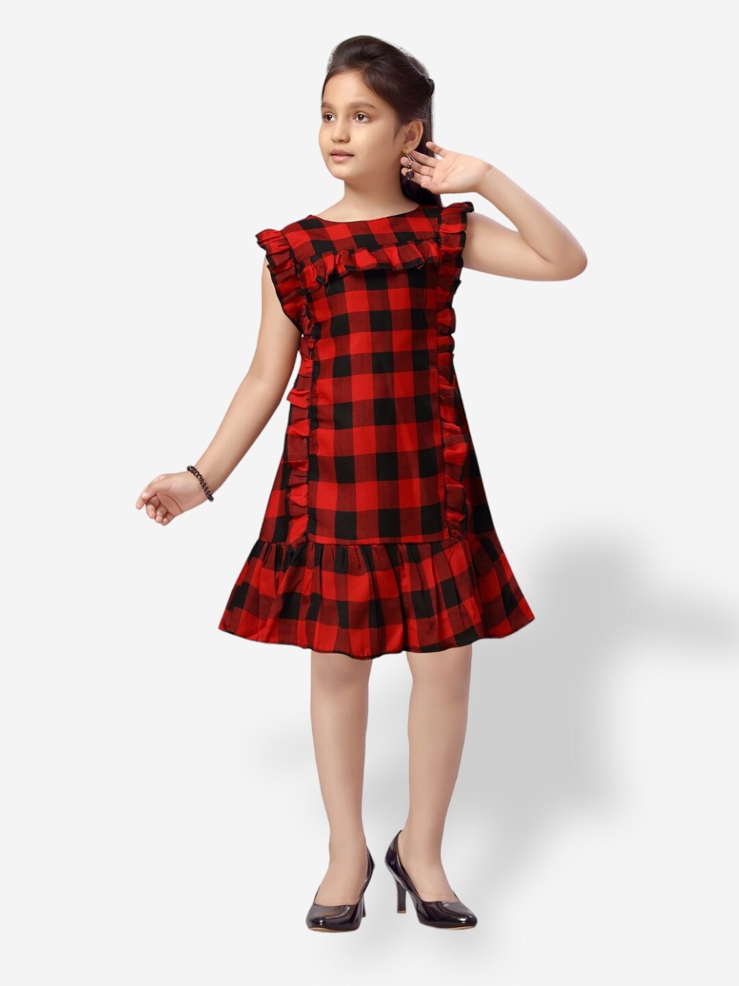 

Aarika Girls Checked Ruffled Cotton A-Line Dress, Red