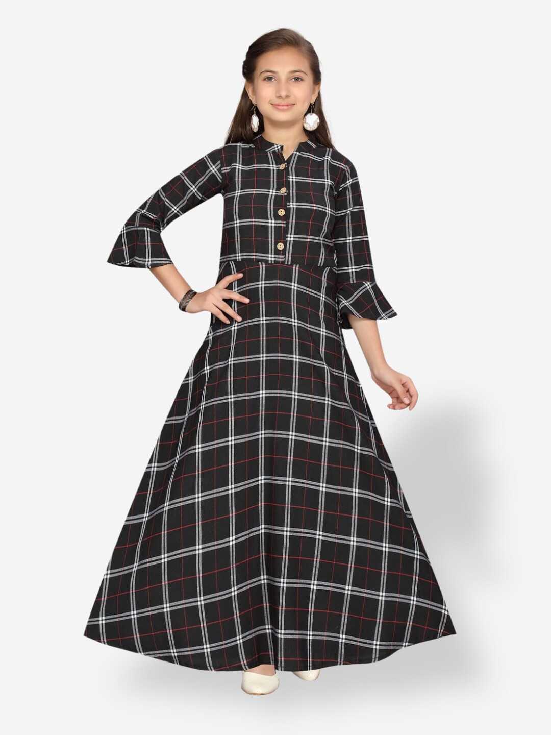 

Aarika Checked Mandarin Collar Bell Sleeves Cotton A-Line Maxi Dress, Black