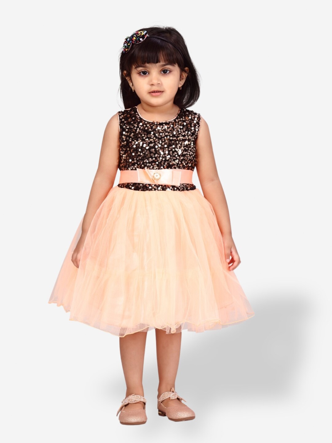 

Aarika Girls Embellished Sequined Net Dress, Peach