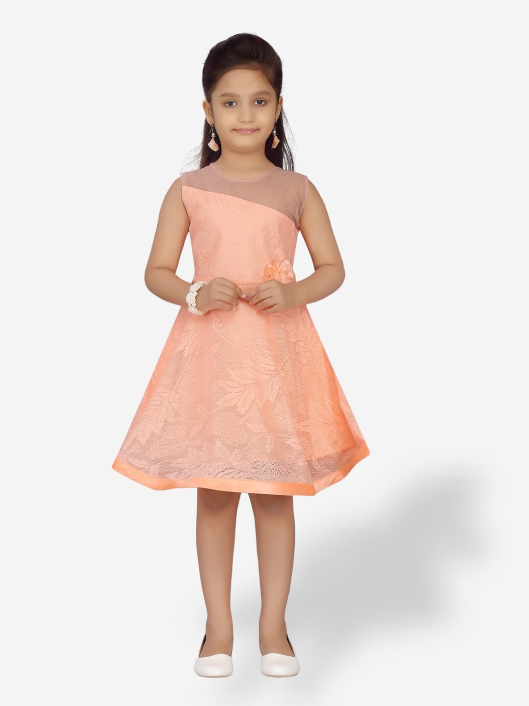 

Aarika Sleeveless Self Design Fit & Flare Net Dress, Peach