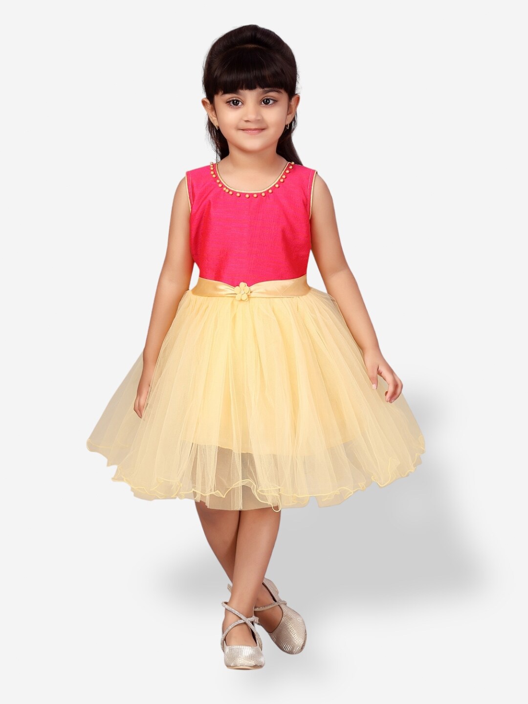 

Aarika Girls Round Neck Net Fit and Flare Dress, Pink