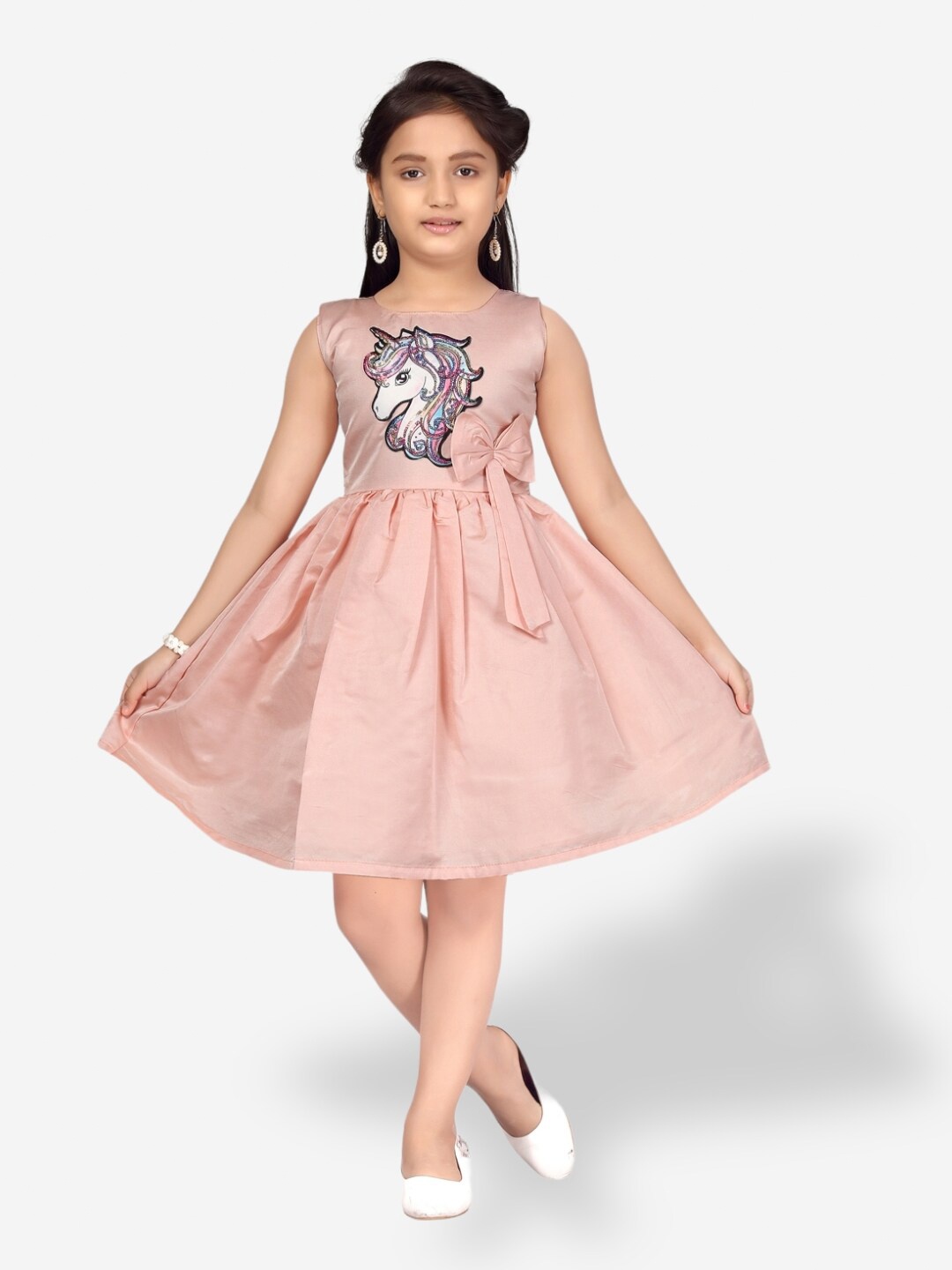 

Aarika Girls Unicorn Patch Work Flared Silk Dress, Peach