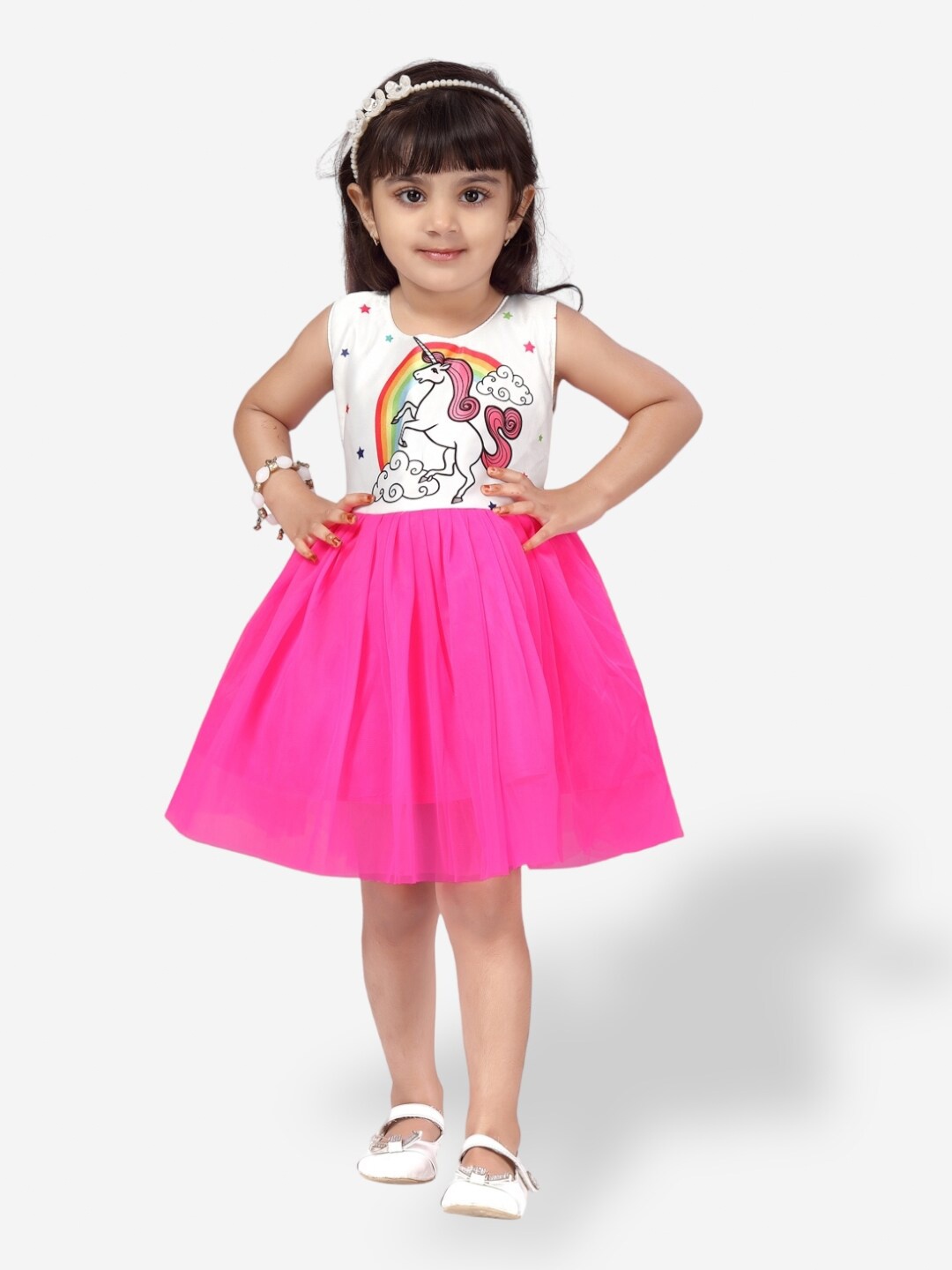

Aarika Girls Graphic Printed Fit & Flare Dress, Pink