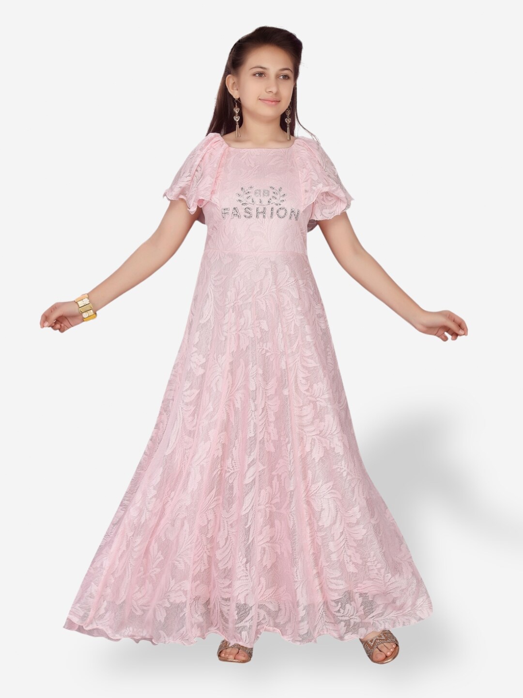 

Aarika Girls Floral Self Design Embellished A-Line Dress, Pink
