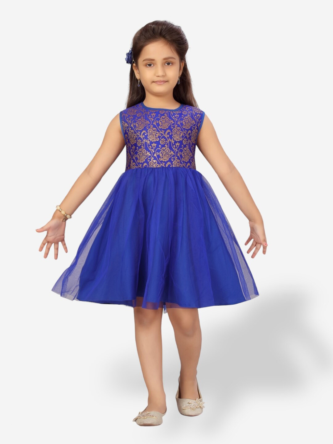 

Aarika Girls Self Design Fit and Flare Dress, Blue