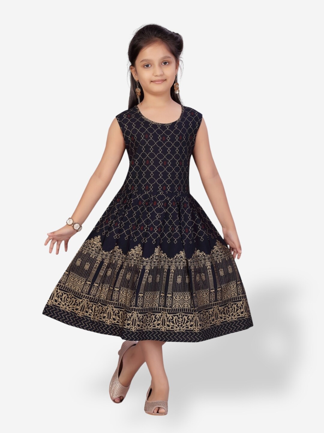 

Aarika Girls Ethnic Motifs Printed Fit & Flare Dress, Navy blue