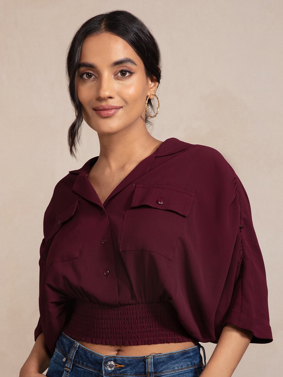 

20Dresses Smocked Extended Sleeves Crepe Shirt Style Crop Top, Maroon