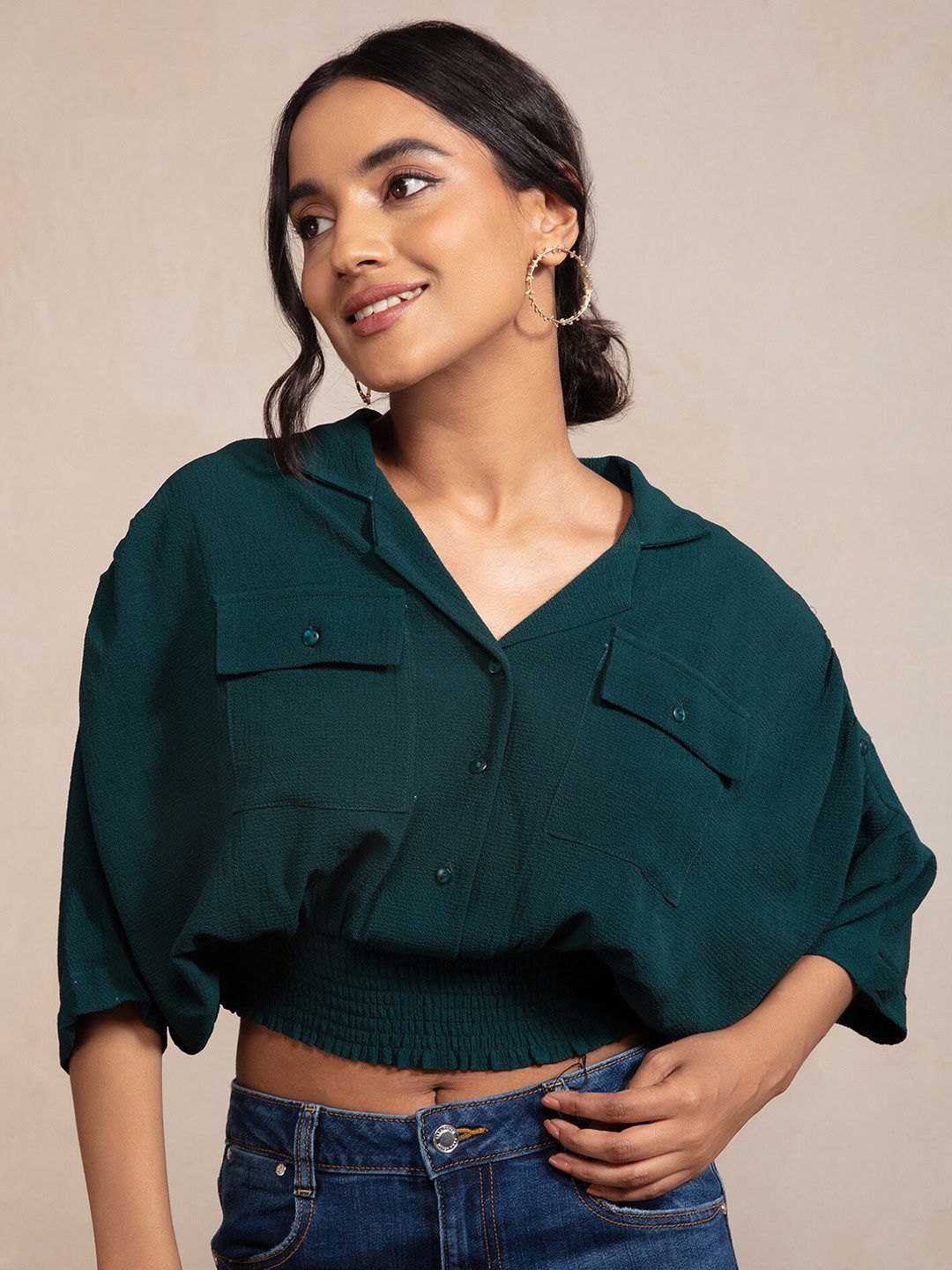 

20Dresses Notched Collar Extended Sleeves Shirt Style Crop Top, Green
