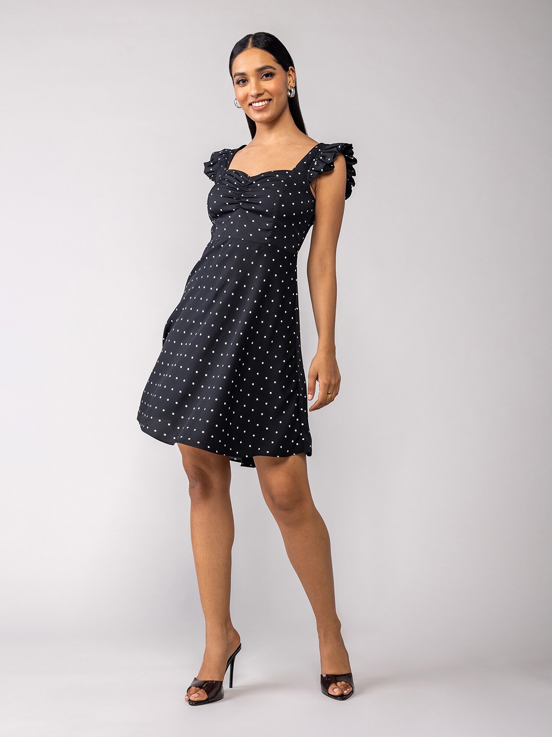 

20Dresses Polka Dots Printed Sweet heart Neck Ruched Dress, Black