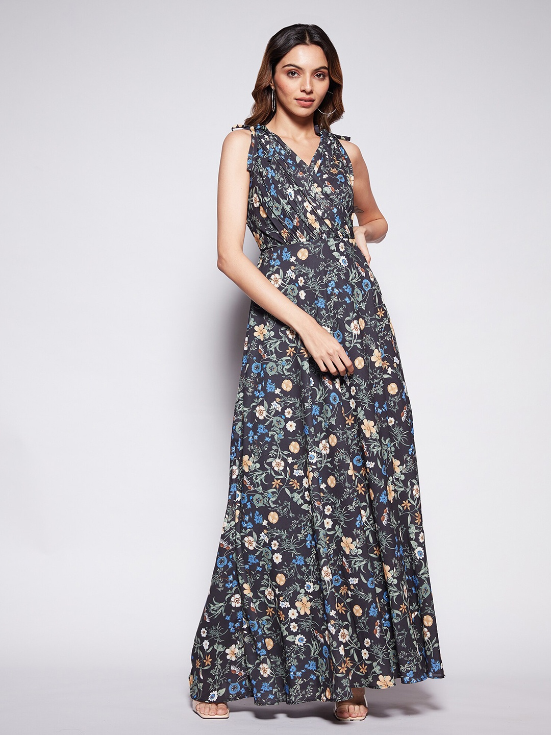

20Dresses Floral Printed Crepe Maxi Wrap Dress, Black