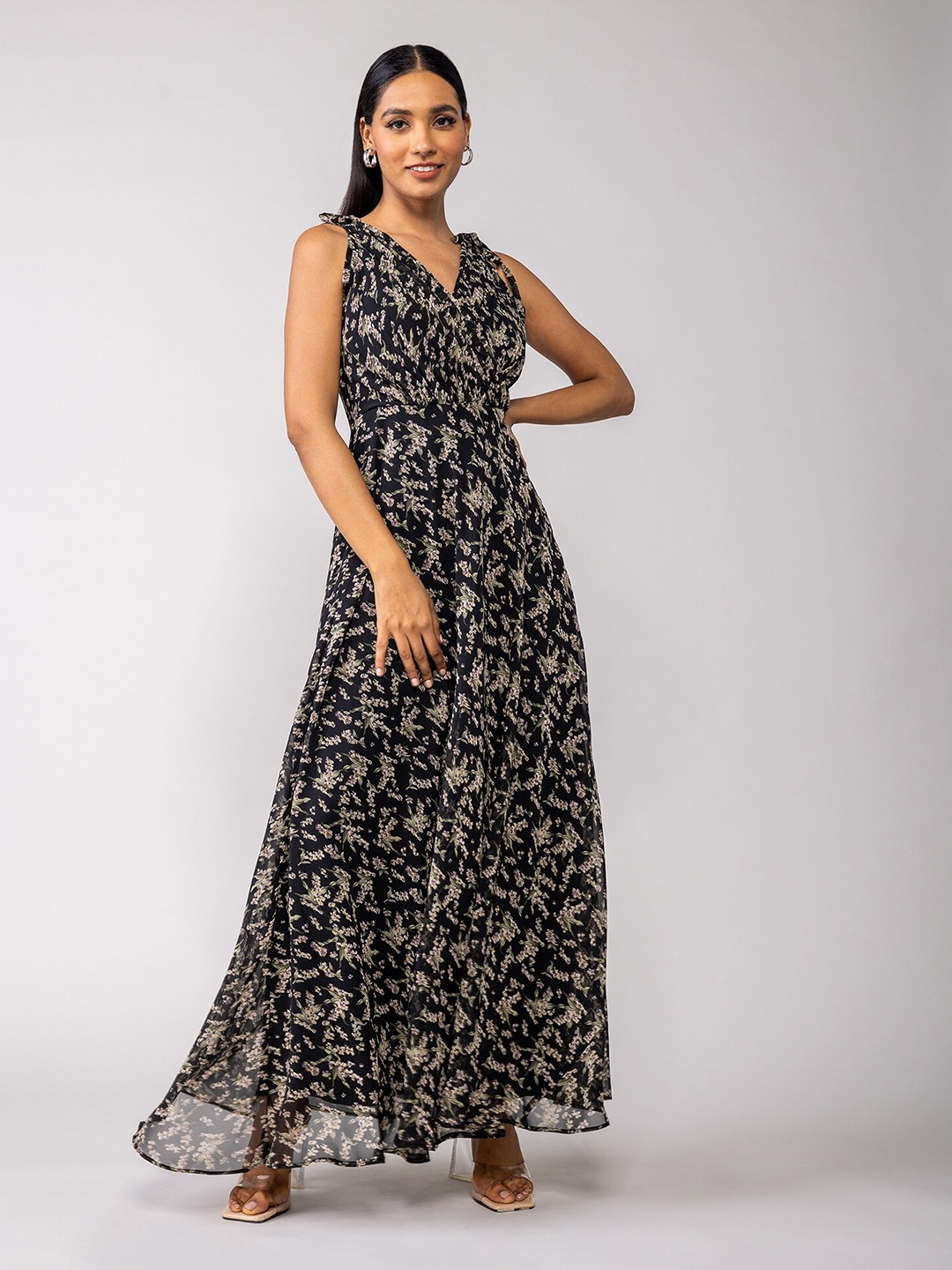 

20Dresses Floral Printed V Neck Georgette Maxi Dress, Black