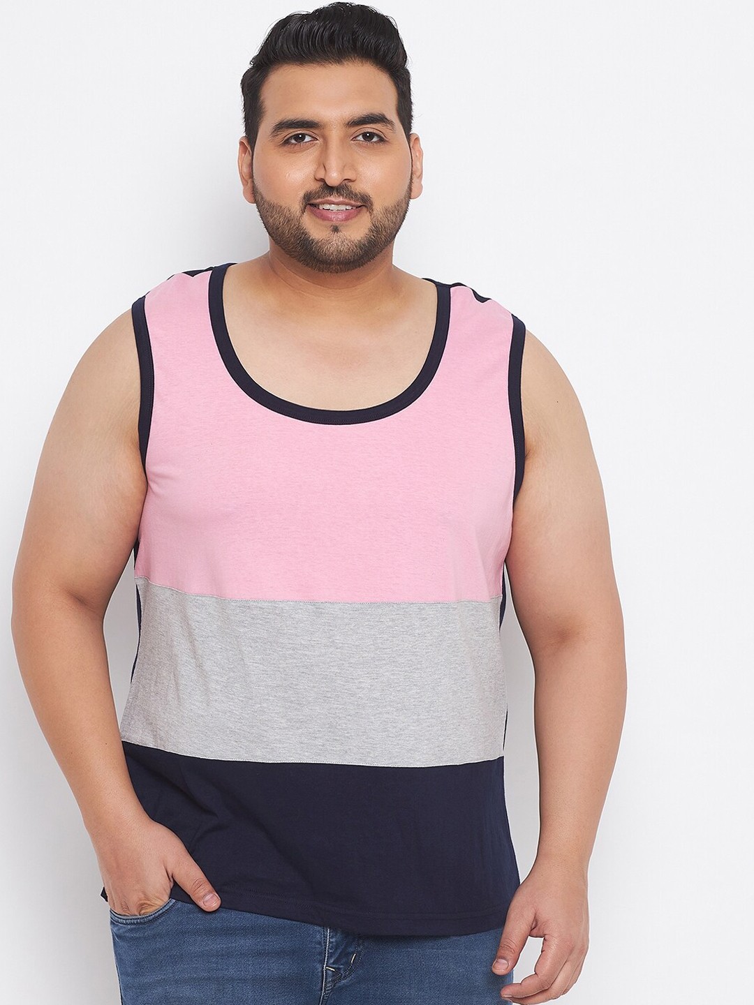 

bigbanana Men Plus Size Colourblocked Pure Cotton Undershirt, Pink