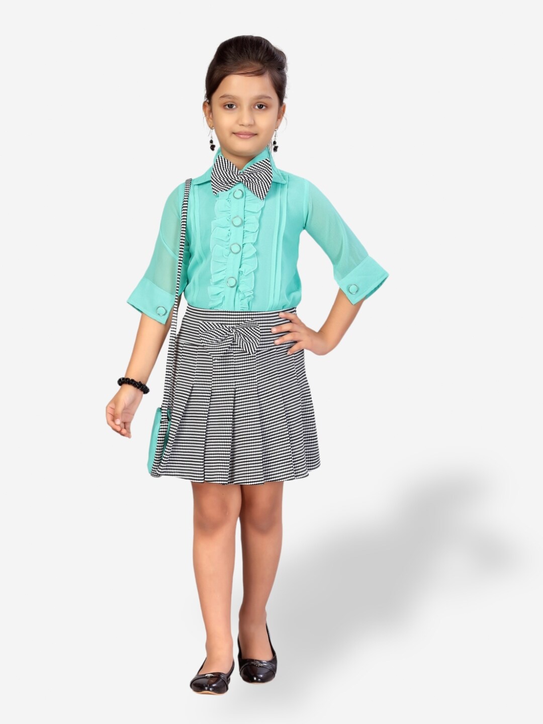 

Aarika Girls Top & Skirt With Bow, Sea green