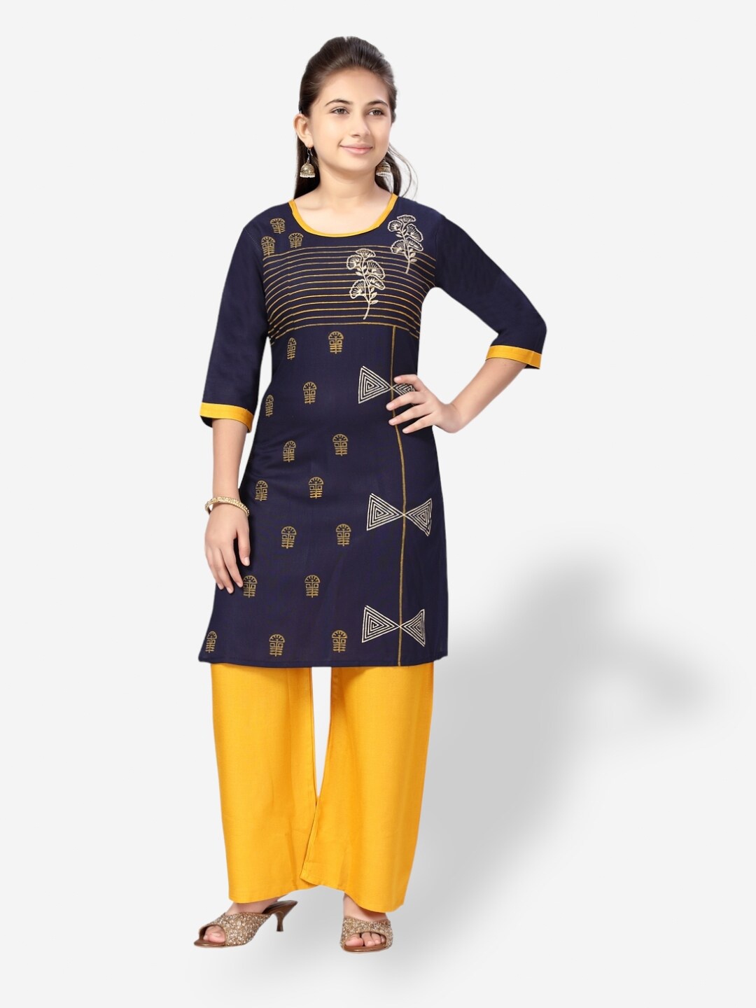 

Aarika Girls Ethnic Motifs Printed Pure Cotton Kurta With Palazzos, Navy blue