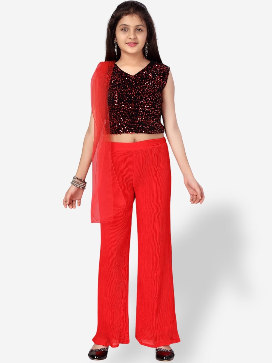 

Aarika Girls Sequinned Pure Silk Top with Palazzos & With Dupatta, Red