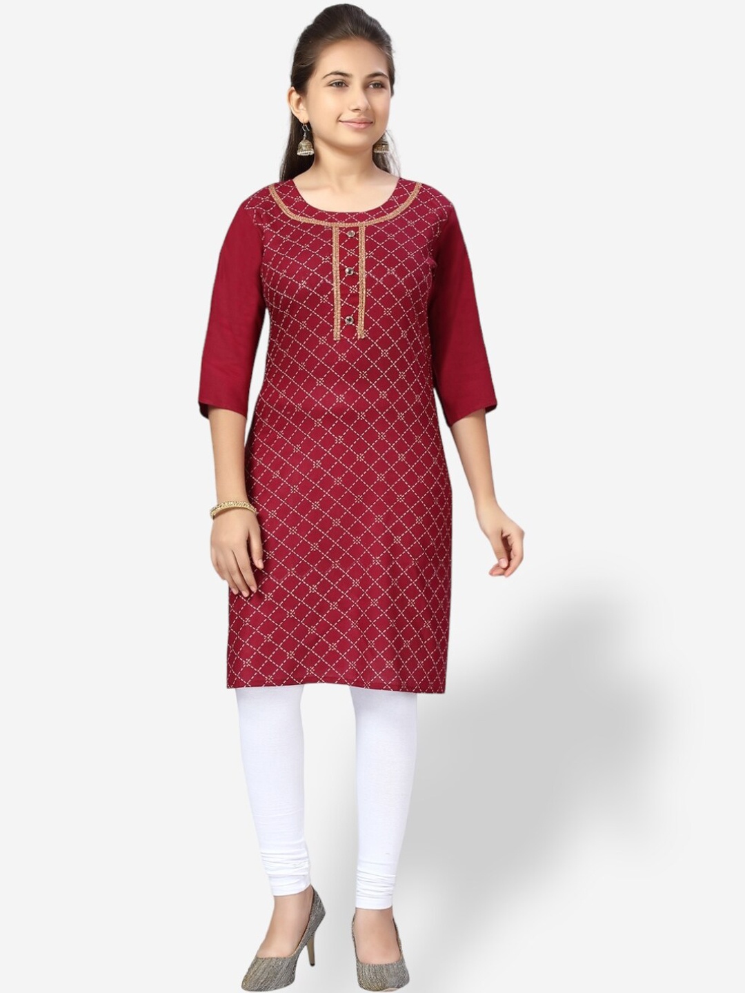 

Aarika Girls Geometric Printed Cotton Kurta, Maroon
