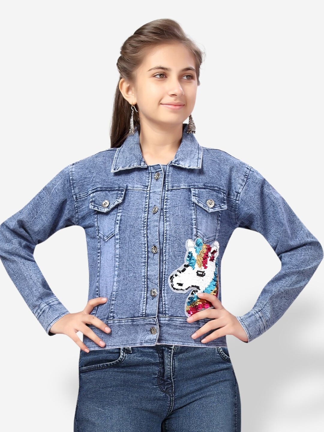 

Aarika Teen Girls Sequinned Washed Cotton Denim Jacket, Blue