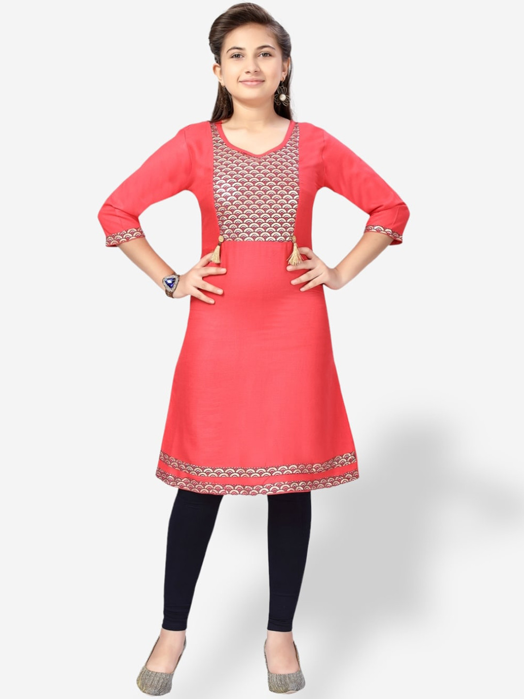 

Aarika Girls Yoke Design A-line Cotton Kurta, Coral