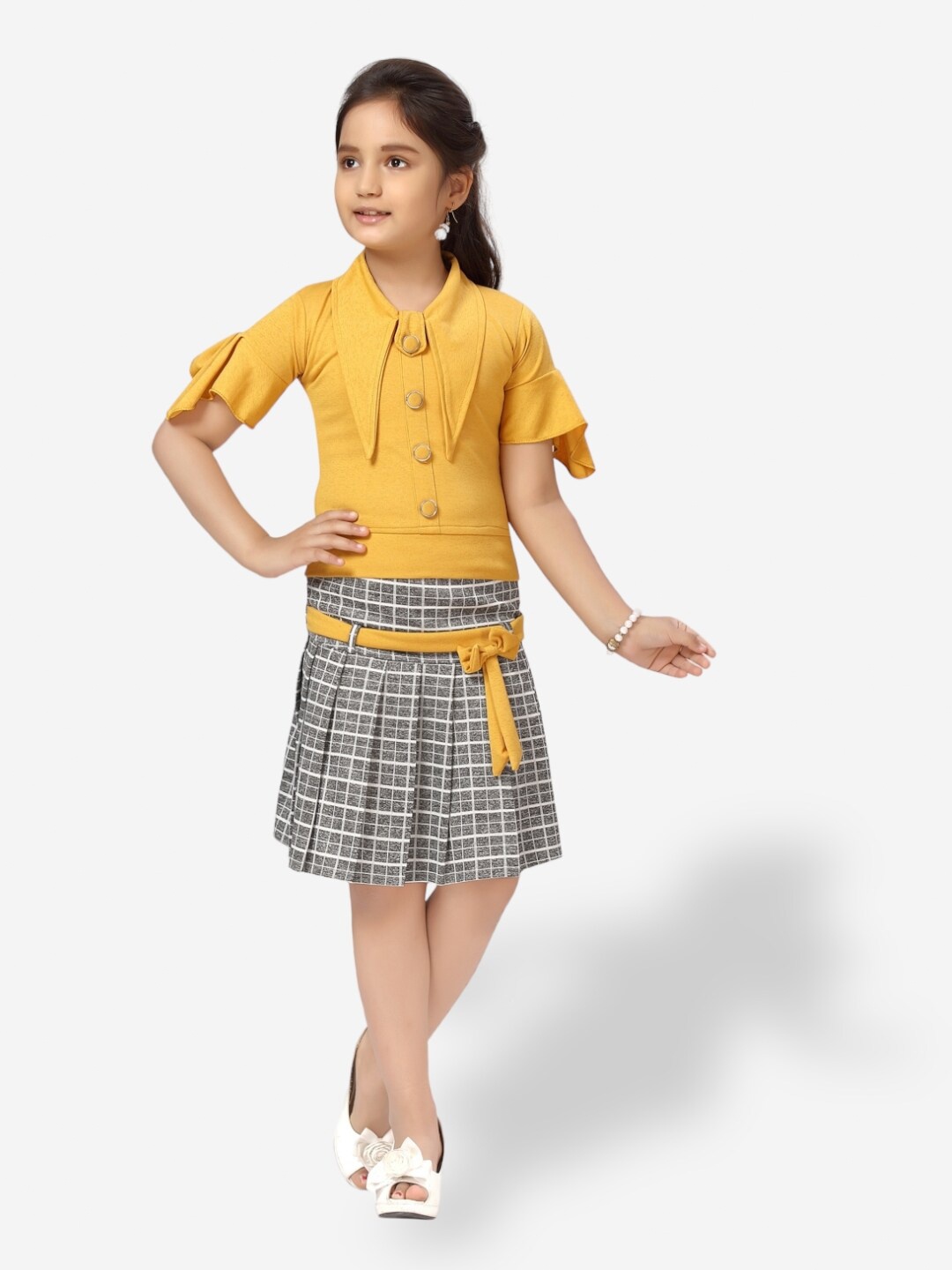 

Aarika Girls Top with Checked Skirt, Yellow