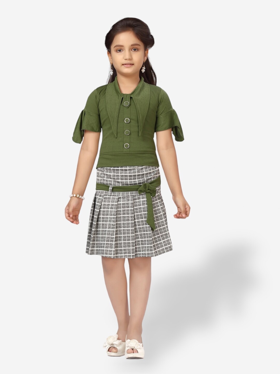 

Aarika Girls Top with Checked Skirt, Green