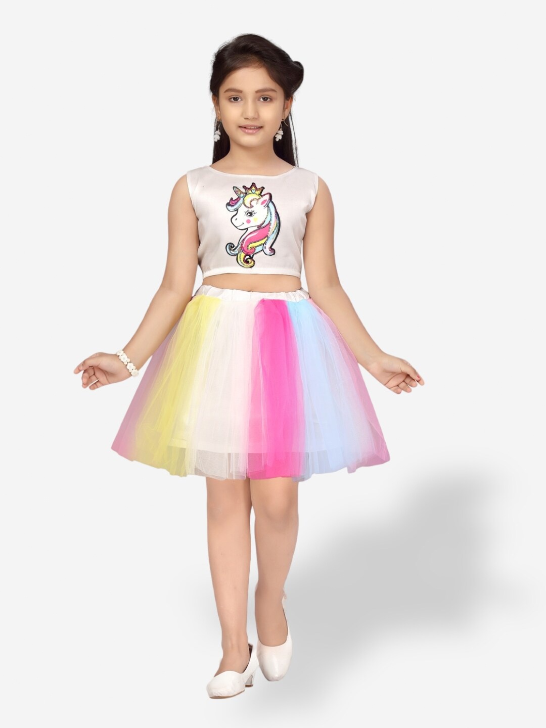 

Aarika Girls Unicorn Printed Top with Skirt, White