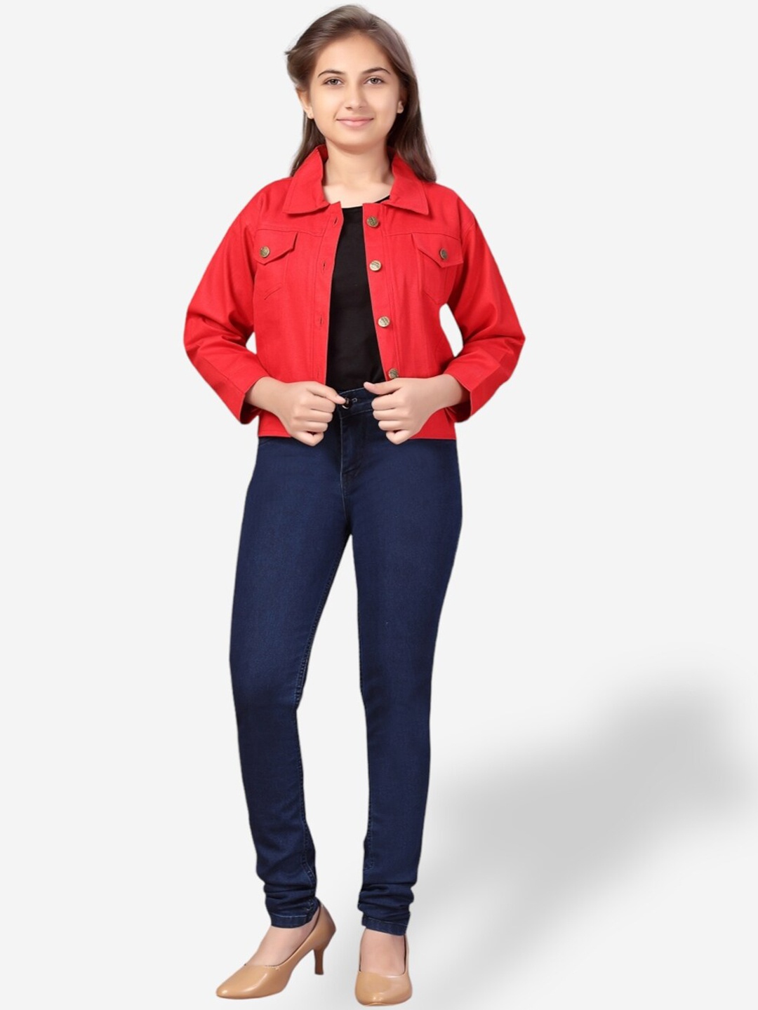 

Aarika Teen Girls Spread Collar Denim Jacket, Red
